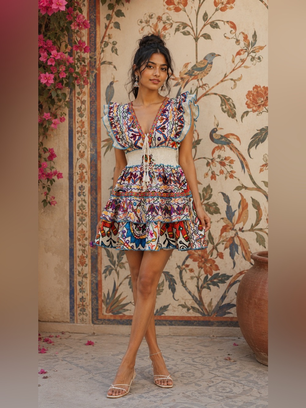 NWOT STUNNING Fully Embroidered Multicolor Flutter Sleeve Mini Dress